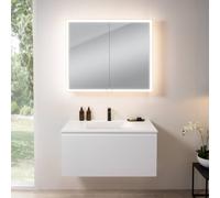 rivea Dia Meuble sous-vasque l : 101 cm, 1 tiroir, vasque à 1 trou de robinetterie, blanc mat, avec armoire de toilette n60, BR0038WM+BR0050WM+BN0493MI,