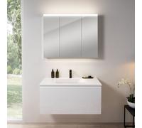 rivea Dia Meuble sous-vasque l : 101 cm, 1 tiroir, vasque à 1 trou de robinetterie, blanc mat, avec armoire de toilette n50, BR0038WH+BR0050WM+BN0474MI,