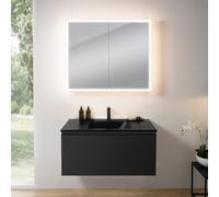 rivea Dia Meuble sous-vasque l : 101 cm, 1 tiroir, vasque à 1 trou de robinetterie, noir mat, avec armoire de toilette n60, BR0038BM+BR0050BM+BN0493MI,