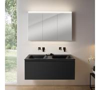 rivea Dia Meuble sous-vasque l : 121 cm, 1 tiroir, double vasque sans trou de robinetterie, noir mat, avec armoire de toilette n50, BR0039BM+BR0057BM+BN0475MI,