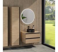 rivea Dia Meuble sous-vasque l: 80 cm, 2 tiroirs, vasque Ø 38 cm noire mate, avec miroir éclairé Kanya, BR0535BM+BR0032SO+BR0002SO+BR2027MI,