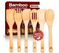 Riveira Lot de 6 cuillères en bois pour la cuisine en bambou - Spatule en bois antiadhésive - Cadeau de pendaison de crémaillère - Ustensiles en bois pour un usage quotidien