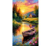 River Hut Boat Diamond Art Kits,5D Diamond Painting Kits for Adults,DIY Full Round Drill diamond painting kits for Beginners Rhinestone Embroidery Picture Art For Home Decor 40x90 cm