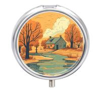 River in Front of House Pilulier à 3 compartiments, petit pilulier personnalisé avec miroir, pilulier portable pour poche ou sac à main, pilulier rond contenant des cadeaux de voyage