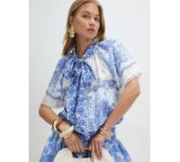 River Island River Island Blue Cabbages and Roses Short Sleeve Printed Tie Neck Blouse