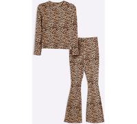 River Island River Island Petite Leopard 2 Piece Animal Ribbed T-Shirt and Flare Leggings Set