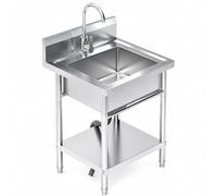 RiveraSink Évier Extérieur Inox Autoportant 50×50×80 cm, Plonge Professionnelle en Acier Inoxydable avec Robinet, Étagère et Dosseret, pour Cuisine, Garage, Buanderie et Restaurant