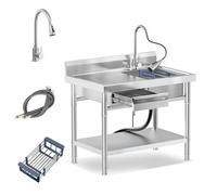 RiveraSink Plonge Inox Professionnelle avec Tiroir 100x55x80cm - Évier sur Pied avec Mitigeur 360° Extractible et Étagère, Station de Lavage pour Cuisine, Restauration et Buanderie
