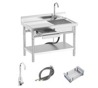 RiveraSink Plonge Inox Professionnelle et Évier sur Pied 100x55x80cm - Évier Inox avec Plan de Travail, Tiroir Intégré et Robinet Chaud/Froid, Station de Lavage pour Cuisine, Restauration et Buanderie