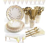 Riverhighfur Blanc et Or Vaisselle de Fête 142 Pcs Vaisselle Papier Set-Assiettes en Papier,Serviettes,Tasses,Nappe,Bannière Enfants Party Fête Mariages Baby Shower Noël,20 invités