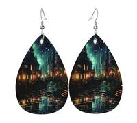 Riverside city Boucles d'oreilles en cuir en forme de larme pour femme - Boucles d'oreilles pendantes légères en PVC avec crochets en argent 925, imprimés double face | cadeau hypoallergénique