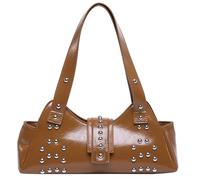 Rivet Punk Styles Aisselle Sac à bandoulière avec forme de raviolis en cuir PU pour femme à la recherche d'un sac de motard tendance tendance, marron, One Size