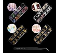 Rivets en métal pour décoration d'ongles - Mélange d'étoiles - Lune - Bijoux ronds - Accessoires 3D - Avec pince à épiler - Boucles d'oreilles et strass - Argent 3D - Décoration pour ongles