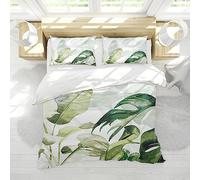 RIVINE Blanc Housse de Couette 3 pièces Jungle Tropical Plant Palm Leaf Plant Turtle Back Bamboo Leaves Bedding Set with Zipper 2 Pillow Shams 180x220cm