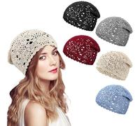Rivweten 1 bonnet en crochet pour femme, bonnet tricoté à la main, bonnet d'été et d'hiver, doux et confortable, motif tête de mort florale, bleu, Taille unique