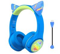 Riwbox CF9 Casque Bluetooth pour enfants avec oreilles de chat avec lumière LED, micro perche et microphone intégré pour les appels, volume limité de 85 dB pour enfants, casque sans fil et filaire