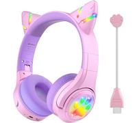 Riwbox CF9 Casque Bluetooth pour enfants avec oreilles de chat avec lumière LED, micro perche et microphone intégré pour les appels, volume limité de 85 dB pour enfants, casque sans fil et filaire