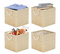 RIWNNI Lot de 4 Boîte de Rangement en Tissu, 30 x 30 x 30 cm, Panier de Rangement Pliable, Cube de Rangement avec Poignées, pour Vêtements, Enfant Jouets, Livres (Beige)