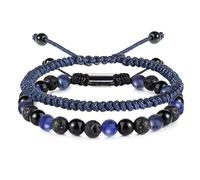 RIXERKOC Bracelets en Perles Noirs pour Homme 6mm Obsidienne Oeil de Tigre Lava Bracelets Set Réglable Fait à la main Bracelet en Pierre Naturelle Anniversaire Fête des Pères Cadeau (Bleu)