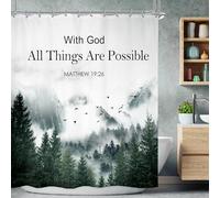 Riyidecor Lot de 12 Crochets de Rideau de Douche Motif Montagne 152,4 x 183 cm avec versets bibliques chrétiens Inspirants de Dieu et Paysage d'arbre Brumeux Paysage de Salle de Bain pour Homme Tissu