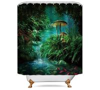 Riyidecor Lot de 12 rideaux de douche champignons fantastiques 183 x 183 cm (l x H) - Panneau gothique - Jungle vert - Zen Rivière - En polyester imperméable - Lot de 12 crochets en plastique