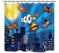 Riyidecor Lot de 12 rideaux de douche super héros City Wars style bande dessinée humoristique américain coloré dessin animé Boom Scream Splash Bang enfants garçons tissu polyester imperméable 183 x