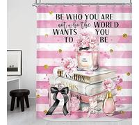 Riyidecor Rideau de douche rose 152,4 x 183 cm - Moderne - Belle mode - Pour femmes - Pois blancs - Rayure blanche - Magazine - Parfum floral - Décoration de salle de bain - Tissu polyester