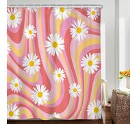 Riyidecor Rideau de douche Smiley Face avec marguerite rose 152,4 x 182,9 cm - Fleur jaune rétro, ensemble de salle de bain groovy abstrait floral vintage bohème moderne, accessoires de salle de bain