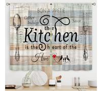 Riyidecor Rideaux de cuisine couleur feuille de thé turquoise, style rustique, en bois, avec fourchette et cuillère rétro vintage, citations amusantes, poche pour tringle, pour chambre et salon