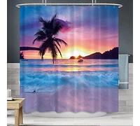Riyidecor WW-IHTB Rideau de Douche Motif Plage Coucher de Soleil océan Lever de Soleil Tropical Palmier hawaïen Paysage côtier Vagues de la mer d'été Salle de Bain Ensemble de décoration d'intérieur