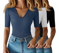 Riyiper Lot de 3 Hauts pour Femme à Manches mi-Longues Jusqu'au coude en Coton côtelé col en V Coupe ajustée(Noir, Blanc, Bleu Brume,XL)