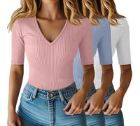Riyiper Lot de 3 Hauts pour Femme à Manches mi-Longues Jusqu'au coude en Coton côtelé col en V Coupe ajustée(Blanc, Bleu Clair, Rose pâle,XL)