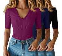 Riyiper Lot de 3 Hauts pour Femme à Manches mi-Longues Jusqu'au coude en Coton côtelé col en V Coupe ajustée(Noir, Bleu Marine, Fuchsia,M)