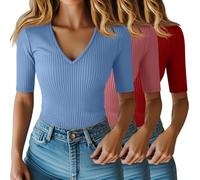 Riyiper Lot de 3 Hauts pour Femme à Manches mi-Longues Jusqu'au coude en Coton côtelé col en V Coupe ajustée(Rouge Brique, Rose pêche, Bleu Ciel,L)
