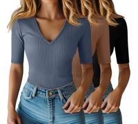 Riyiper Lot de 3 Hauts pour Femme à Manches mi-Longues Jusqu'au coude en Coton côtelé col en V Coupe ajustée(Noir, Kaki, Bleu Gris,M)