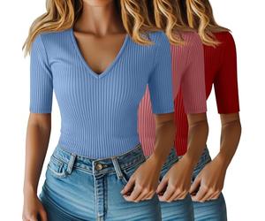 Riyiper Lot de 3 Hauts pour Femme à Manches mi-Longues Jusqu'au coude en Coton côtelé col en V Coupe ajustée(Rouge Brique, Rose pêche, Bleu Ciel,M)