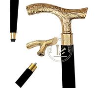 RIYLBEX Canne de marche - Canne Derby pour homme et femme - Poignée en forme de T en laiton marron ébène de 94 cm - Ton doré - Canne noire unisexe