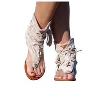 Riyueyi Chaussure Mode Sandale Plate Gladiateur Femme Bottes Romaines dété Tongs Plage Été Chaussures Mode Bottes Sandales Elégante Confortable RéTro BohèMe Gland Romaines,Beige,US5/EU36