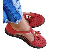 Riyueyi Sandales d'été pour Femmes Gland en Cuir Sandale Plate-Forme Bout fermé Chaussures à Boucle Bride à la Cheville Chaussures décontractées à Talons,Rouge,US7.5/EU39