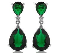 [RIZILIA CELEBOX] Larme Dangle Pierced Boucles d'oreilles avec Coupe de poire CZ [Émeraude verte simulée] en Or blanc plaqué, Celebrity inspired by Angelina Jolie