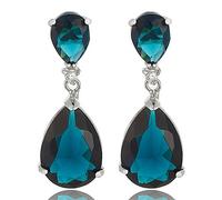 [RIZILIA CELEBOX] Larme Dangle Pierced Boucles d'oreilles avec Coupe de poire CZ [Simulated Sapphire] en Or blanc plaqué, Celebrity inspired by Angelina Jolie