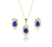 RIZILIA Parure de bijoux avec pierre de naissance taille poire pour femme - Saphir bleu simulé septembre - Plaqué or jaune 14 carats, collier, boucles d'oreilles, chaîne de 45,7 cm + 5,1 cm - Coffret