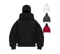 RIZUNTO Homme Zippé Cagoule Sweats à Capuche Pull Grande Balaclava Veste Y2K Hoodie Veste Masque Vent Moto Vélo Blouson Manteau,1 Noir,L