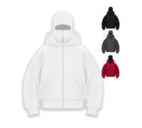RIZUNTO Homme Zippé Cagoule Sweats à Capuche Pull Grande Balaclava Veste Y2K Hoodie Veste Masque Vent Moto Vélo Blouson Manteau,1 Blanc,S
