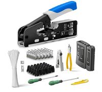 RJ45 Crimping Tool Kit With Stripping And Cutting Functions, For CAT8 Cat7 Cat6a Cat6 Cat5E Connectors, Includes Cable Tester And Pass-Through Plugs(Blue Kit)