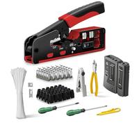 RJ45 Crimping Tool Kit With Stripping And Cutting Functions, For CAT8 Cat7 Cat6a Cat6 Cat5E Connectors, Includes Cable Tester And Pass-Through Plugs(Red Kit)
