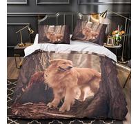 RJAVAGFZL Golden Retriever Impression 3D 3 pièces Housse de lit Style Promenade en forêt Housse de Couette Microfibre hypoallergénique Anti-acariens pour garçons Hommes Adultes Single (135x200cm)