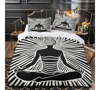 RJAVAGFZL Posture de méditation Impression 3D 3 pièces Housse de lit Noir et Blanc spirituels Housse de Couette Microfibre Doux hypoallergénique pour bébés Enfants Adultes Single (135x200cm)