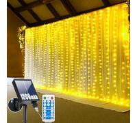 RJEDL Rideau lumineux 3 x 3 m, 300 LED, 8 modes, guirlande lumineuse solaire, pour l'extérieur, alimentation USB, étanche IP65, avec télécommande, minuterie et fonctions de mémoire, blanc chaud