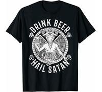 RJJBFKDDK Men's Drink Beer Hail Satan I Satanic Baphomet T-Shirt Black
